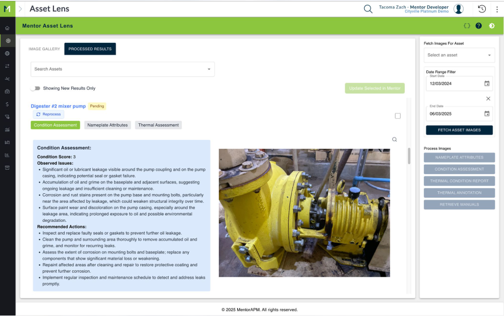 MentorLens Asset Lens interface showing condition assessment output alongside asset imagery