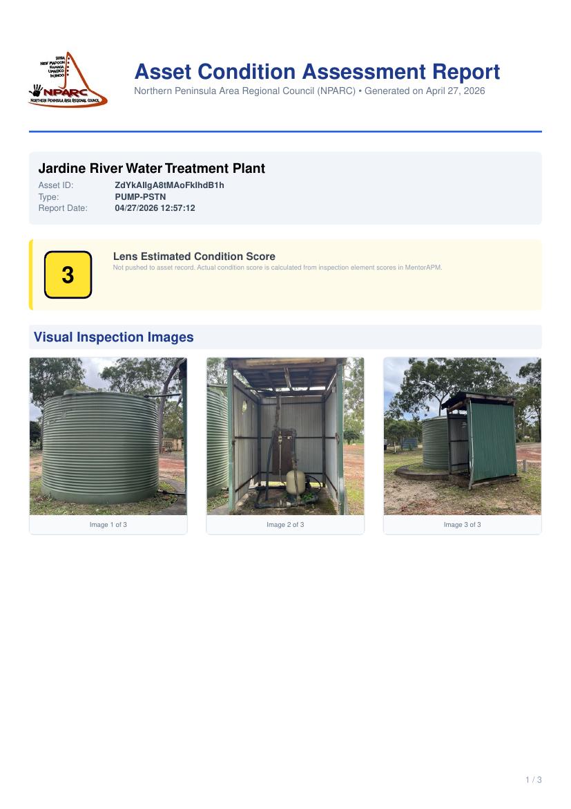 Sample MentorLens condition assessment report page for the Jardine River Water Treatment Plant